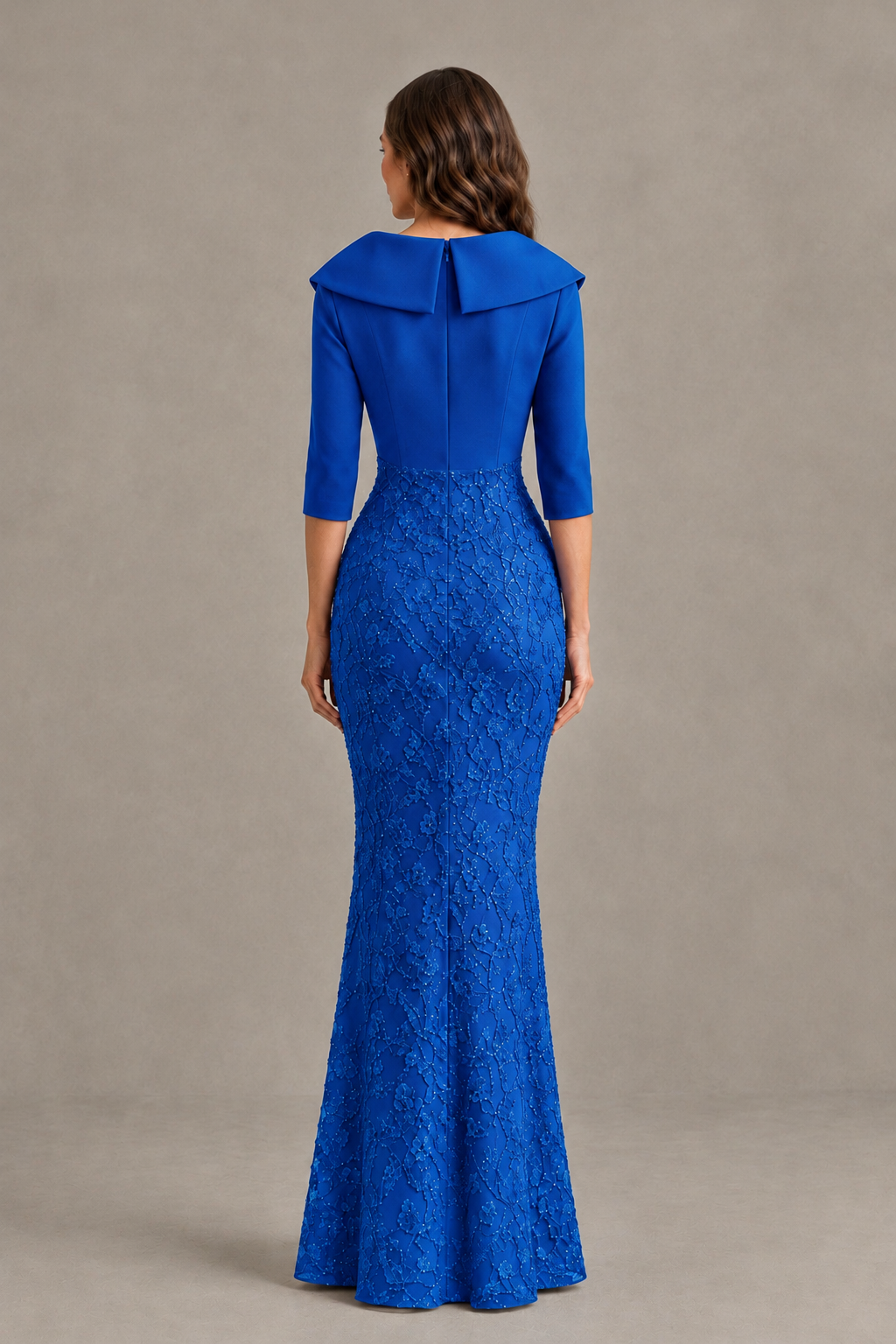 BOLODOO Blue Three-Quarter Sleeve Mermaid Evening Dress with Floral Detail - Blue - Blue_02