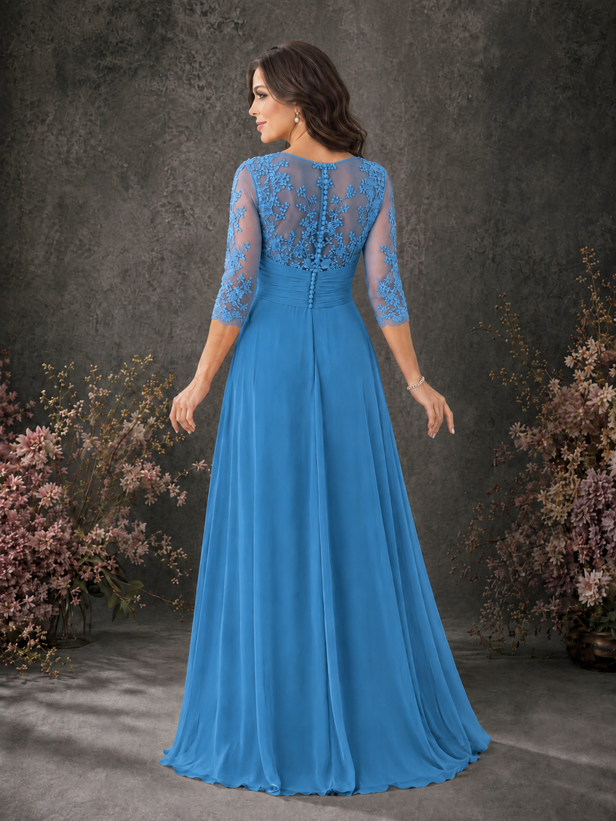 BOLODOO Blue Chiffon Lace Illusion Neckline 3/4 Sleeve Floor Length Formal Gown - Blue - Blue_02