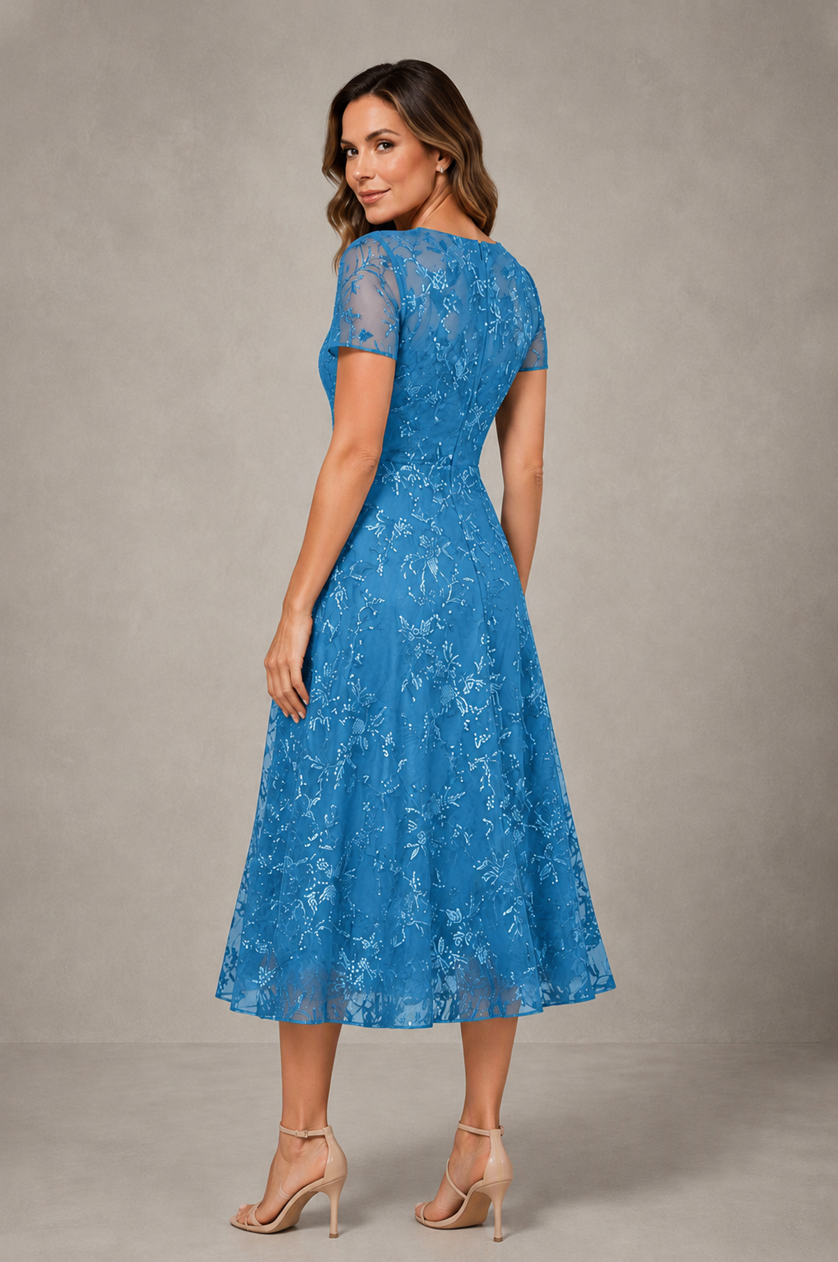 BOLODOO Blue Textured Floral A-Line Dress with Short Sleeves - Blue - Blue_02