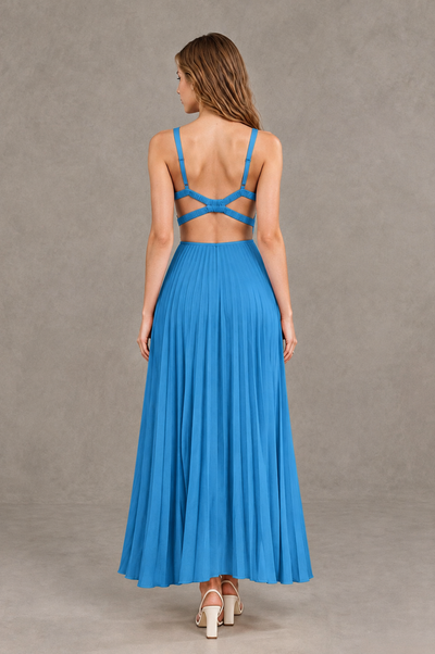 BOLODOO Blue V-Neck Pleated Open-Back Maxi Dress - Blue - Blue_02
