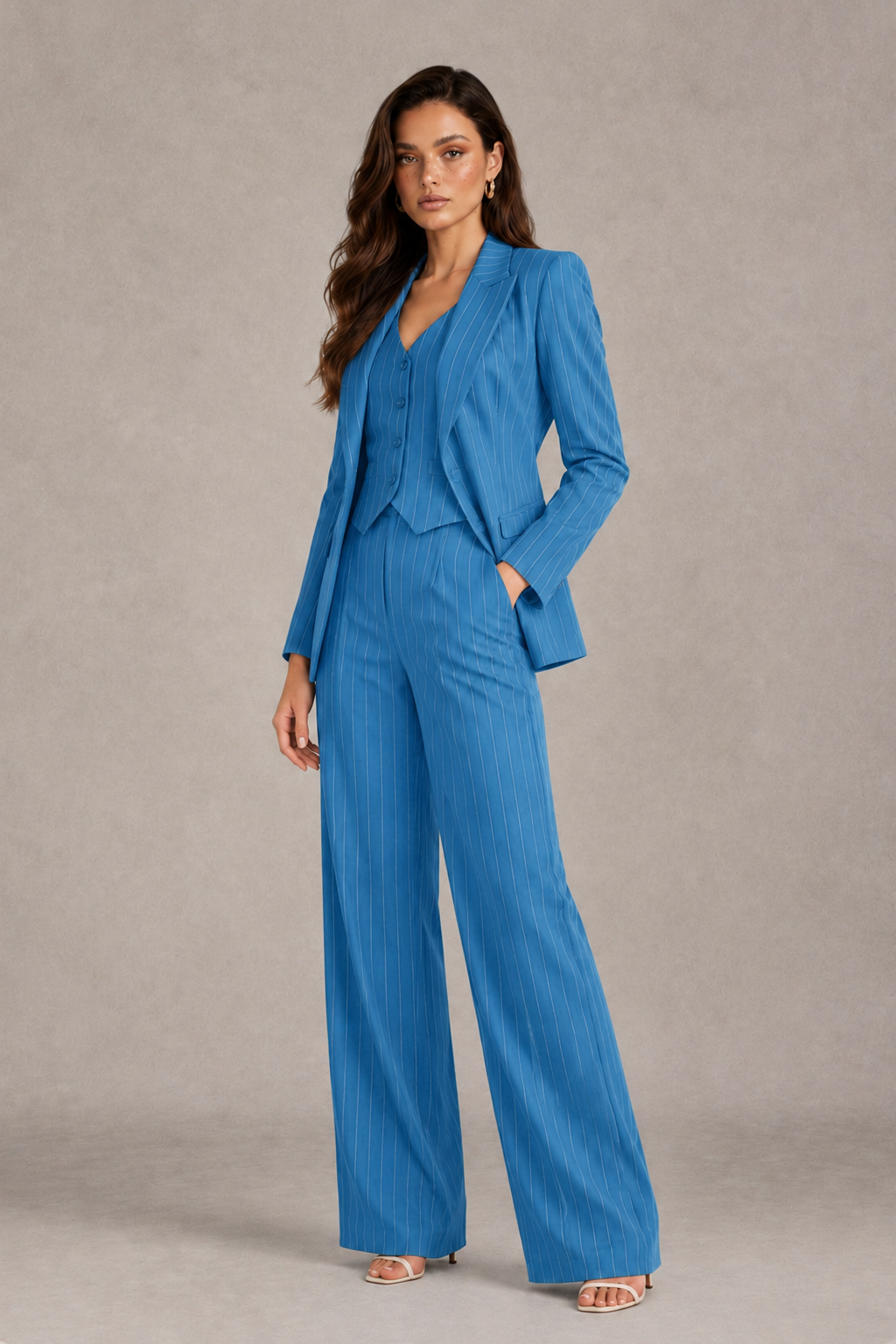 BOLODOO Women's Blue Pinstripe Three-Piece Pantsuit with Wide-Leg Trousers - Blue - Blue_03