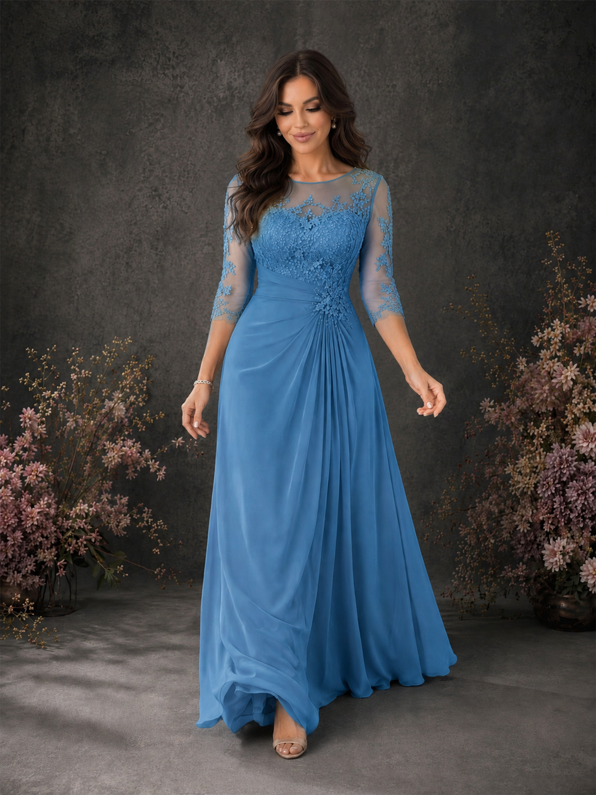 BOLODOO Blue Chiffon Lace Illusion Neckline 3/4 Sleeve Floor Length Formal Gown - Blue - Blue_03