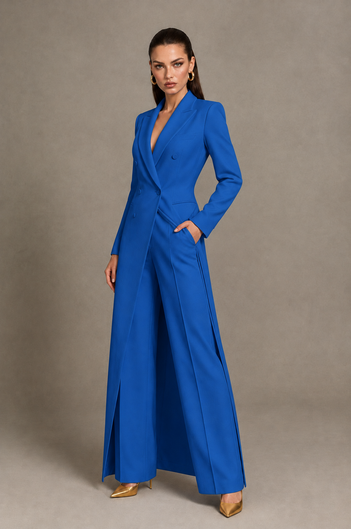 BOLODOO Blue Longline Blazer & Wide-Leg Pants Two-Piece Suit - Blue - Blue_03