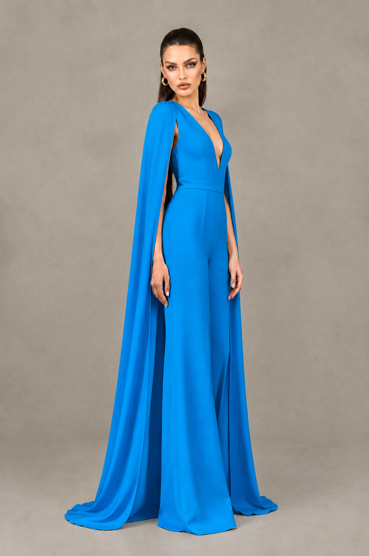 BOLODOO Blue Deep V-Neck Cape Sleeve Bridal Jumpsuit - Blue - Blue_03