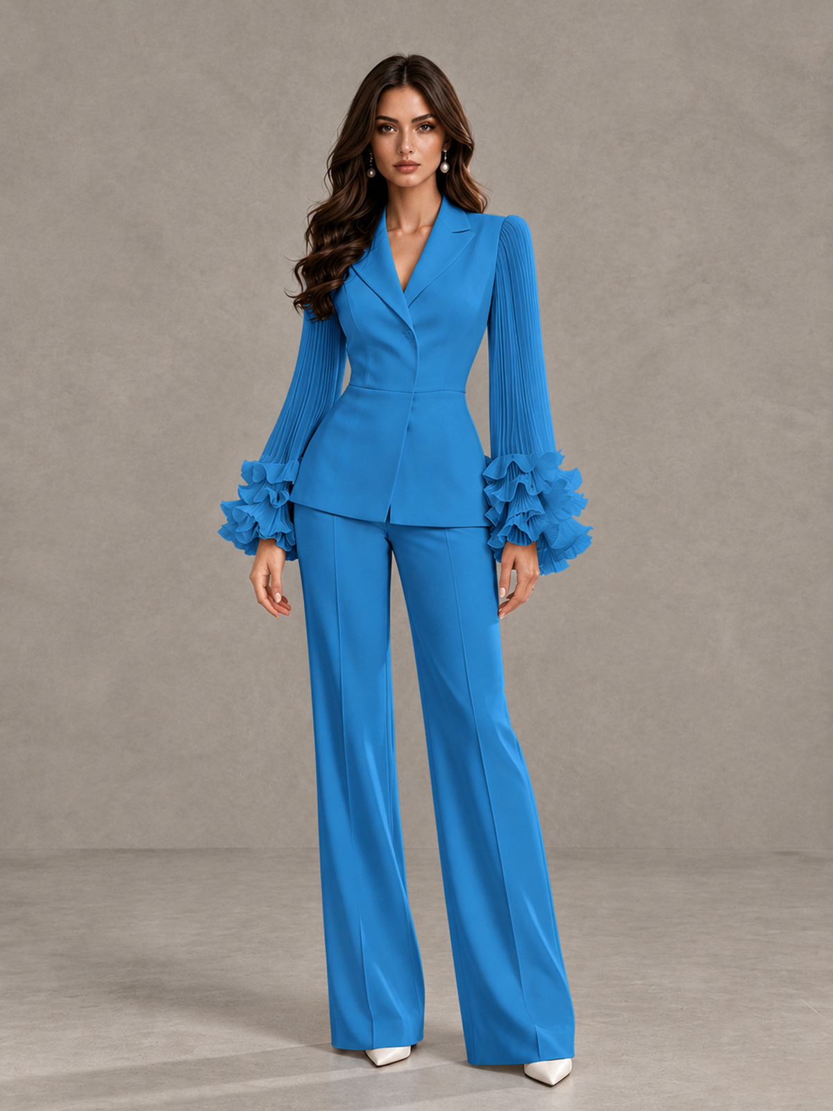 BOLODOO Blue Mother of the Bride Pant Suit – Pleated Long Sleeve Ruffle Cuff Wide Leg Trouser Suit - Blue - Blue_03