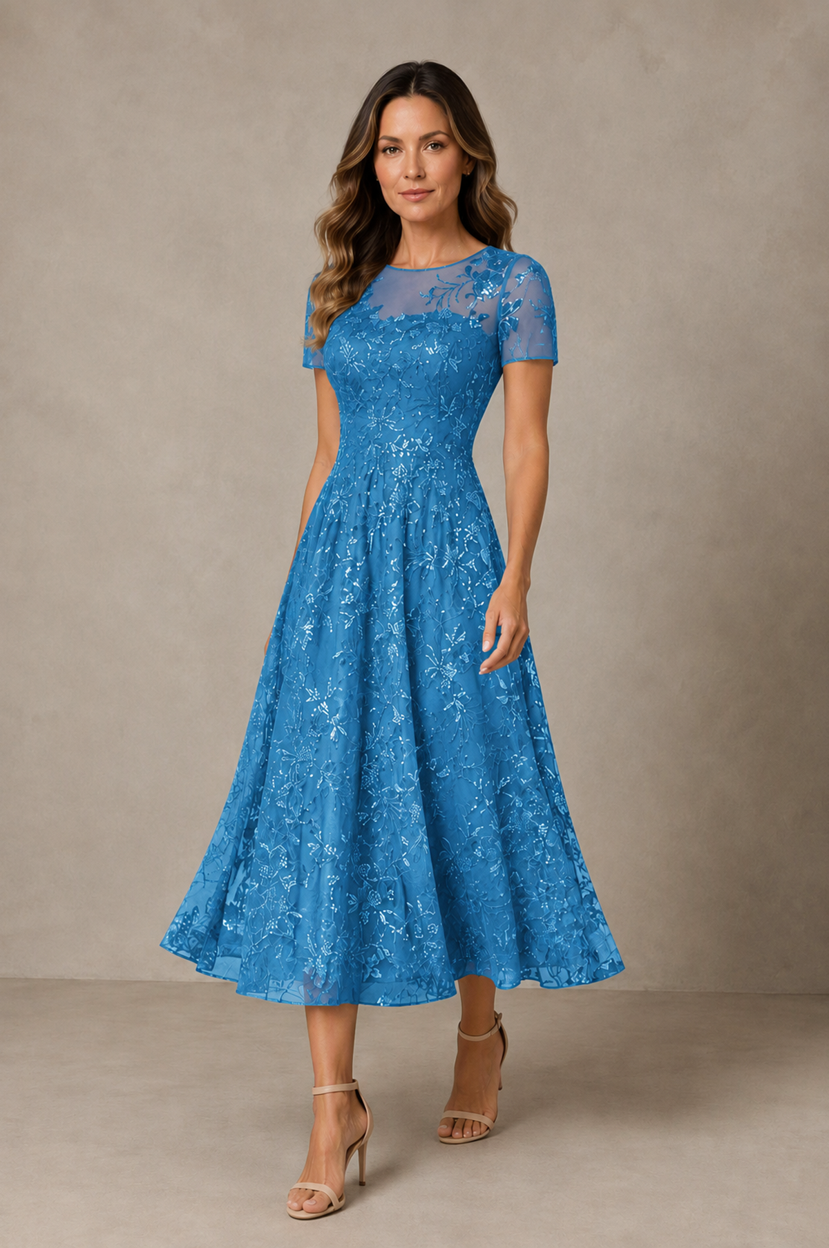 BOLODOO Blue Textured Floral A-Line Dress with Short Sleeves - Blue - Blue_03
