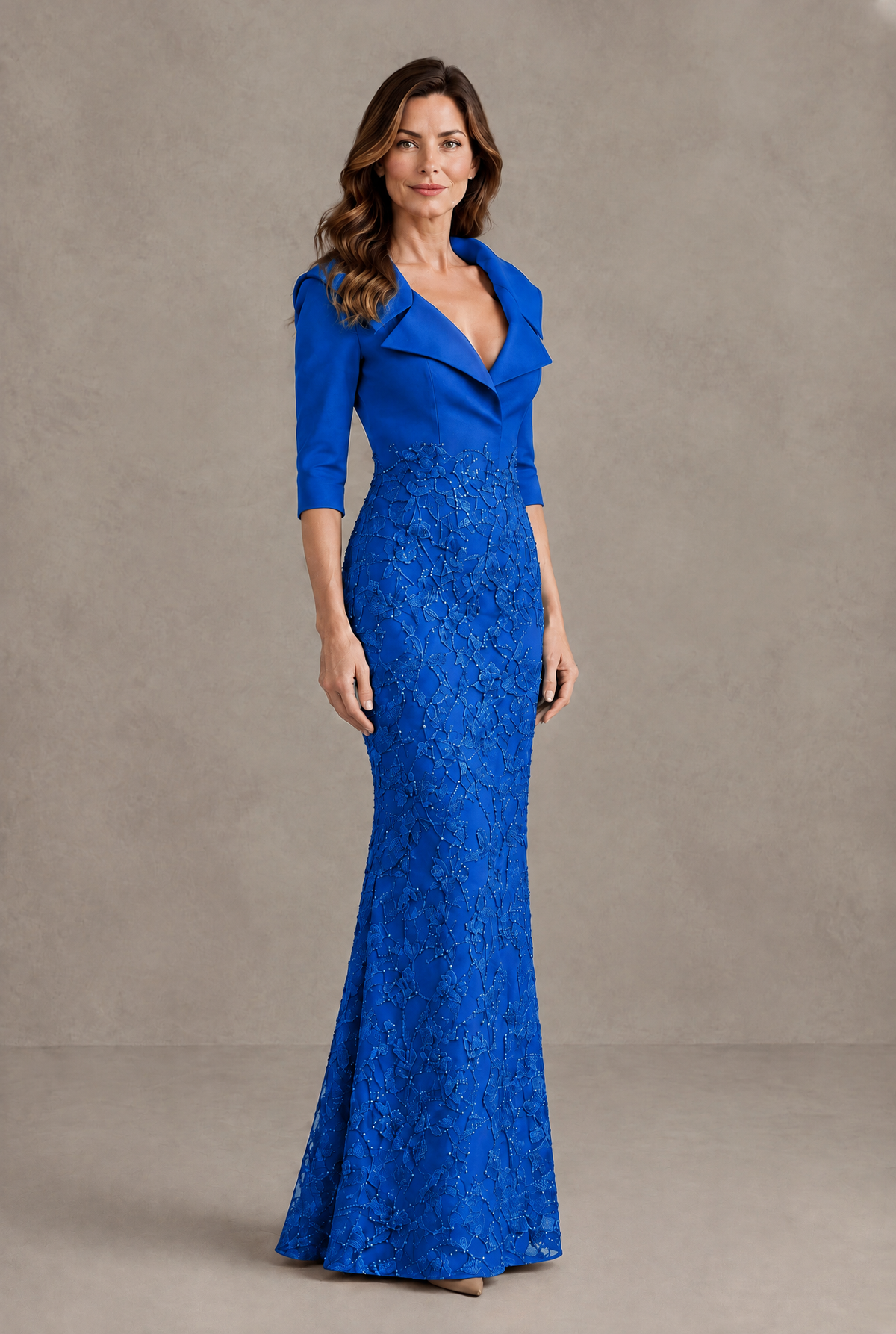 BOLODOO Blue Three-Quarter Sleeve Mermaid Evening Dress with Floral Detail - Blue - Blue_03