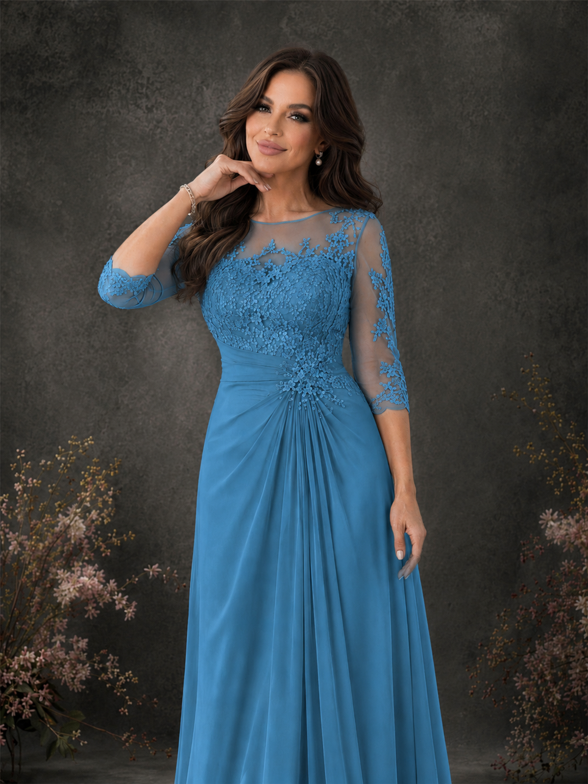 BOLODOO Blue Chiffon Lace Illusion Neckline 3/4 Sleeve Floor Length Formal Gown - Blue - Blue_04
