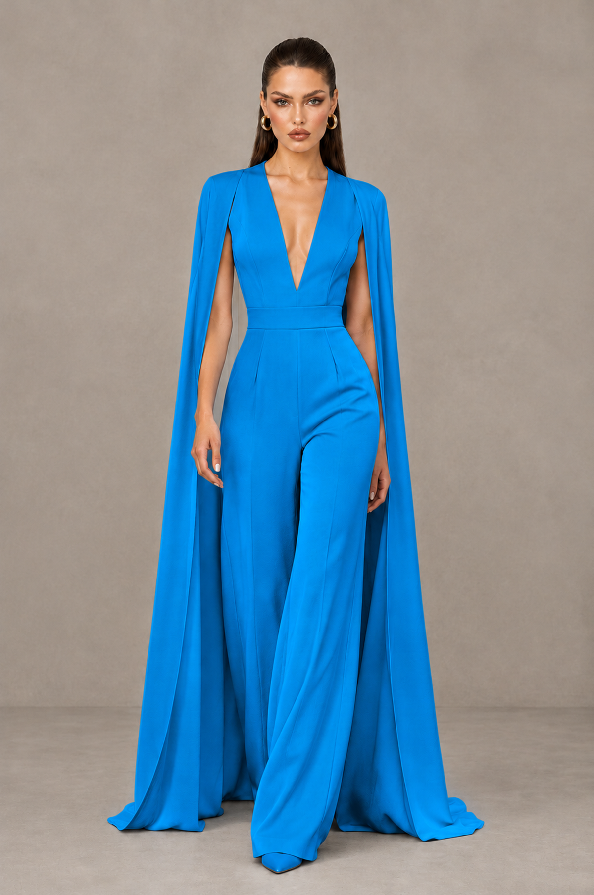 BOLODOO Blue Deep V-Neck Cape Sleeve Bridal Jumpsuit - Blue - Blue_04