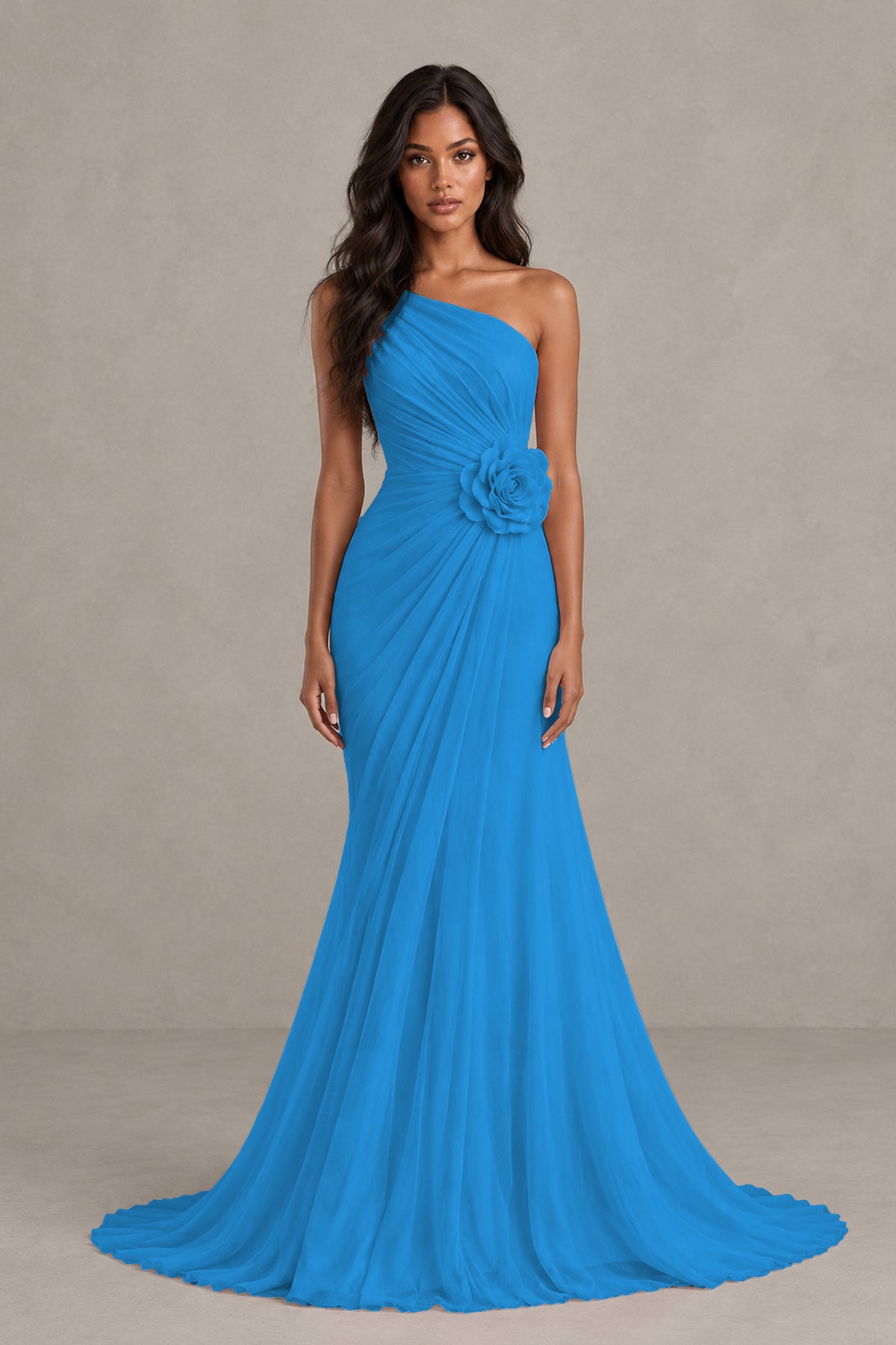 BOLODOO Blue One-Shoulder Floral Ruched Maxi Dress - Blue