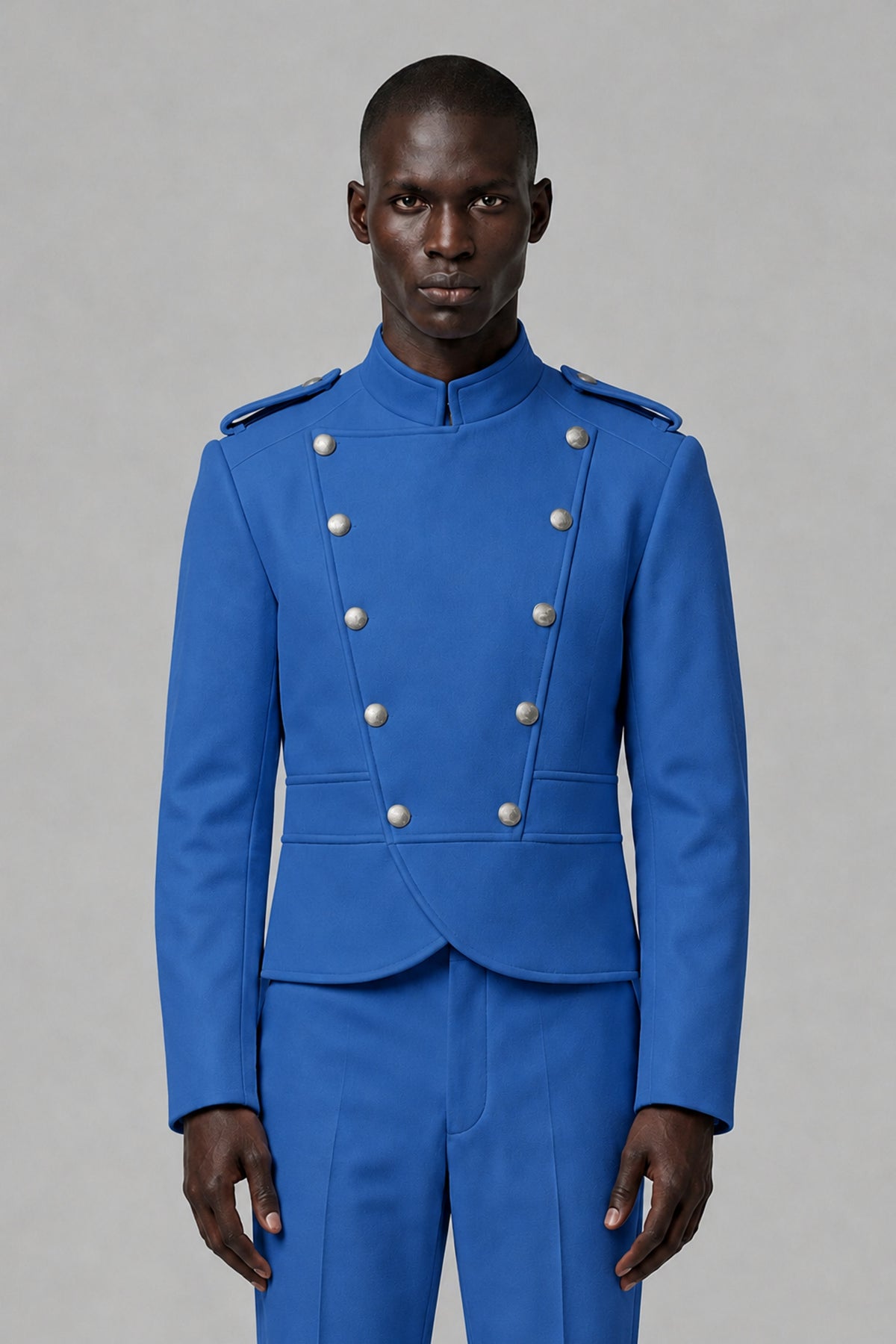 Bolodoo Men's Blue Military-Inspired Two-Piece Suit with Stand Collar - Blue - Blue_1