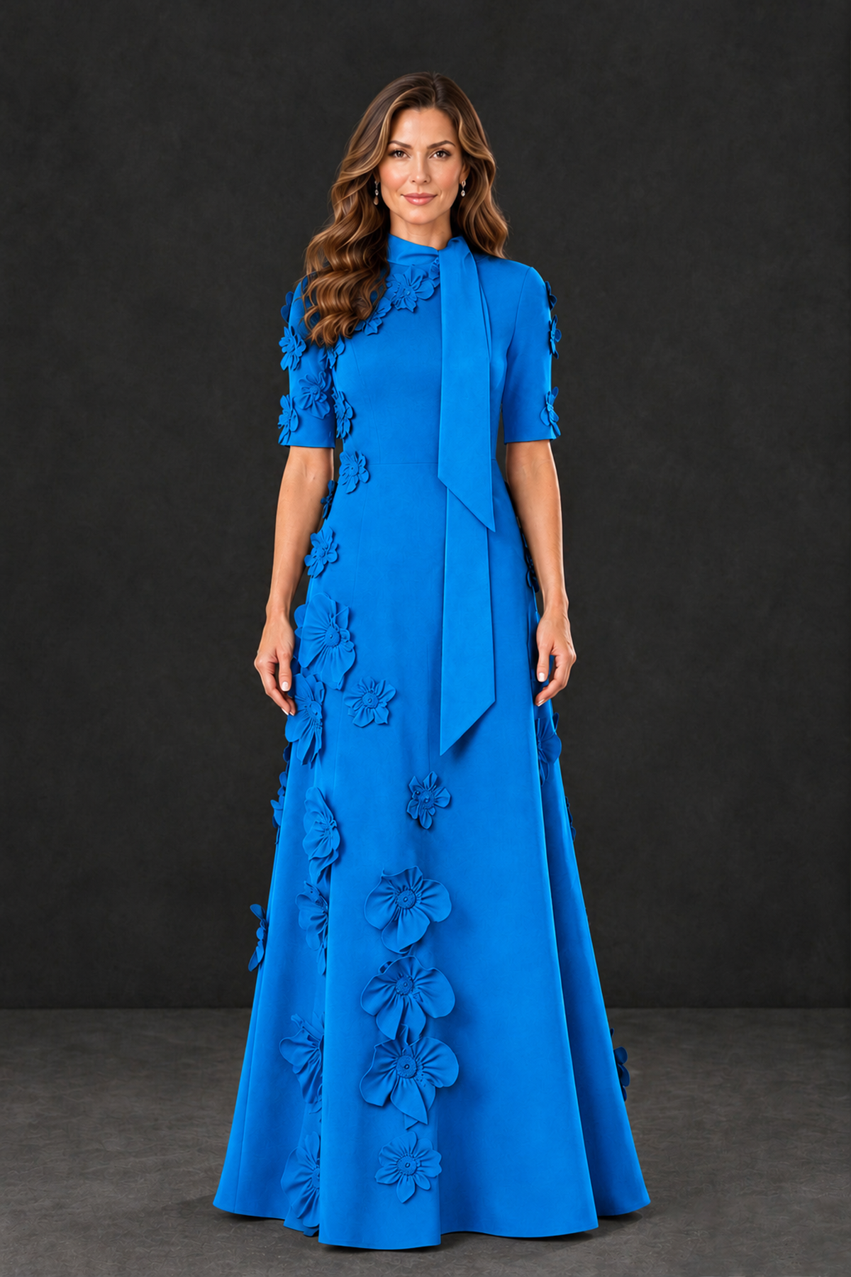 BOLODOO Blue Floral Applique High-Neck Half-Sleeve Gown - Blue - Blue_1