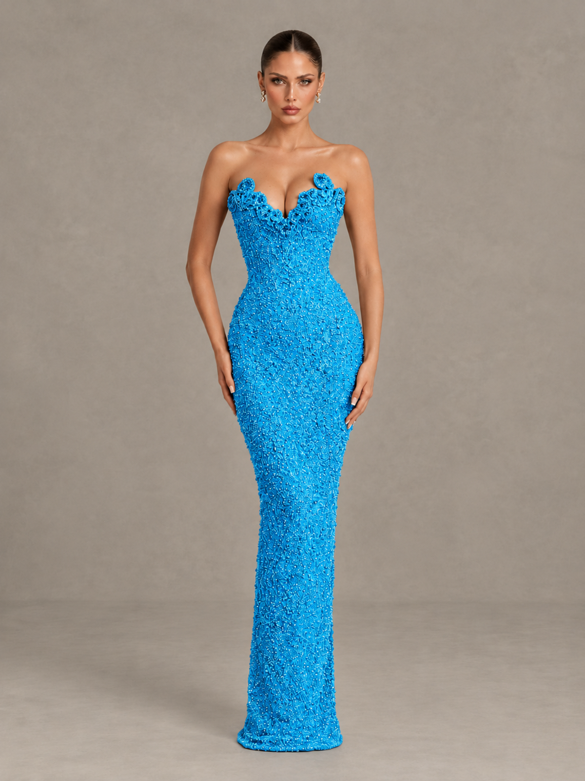 BOLODOO Blue Strapless Sequin Evening Gown with Floral Neckline - Blue - Blue_1