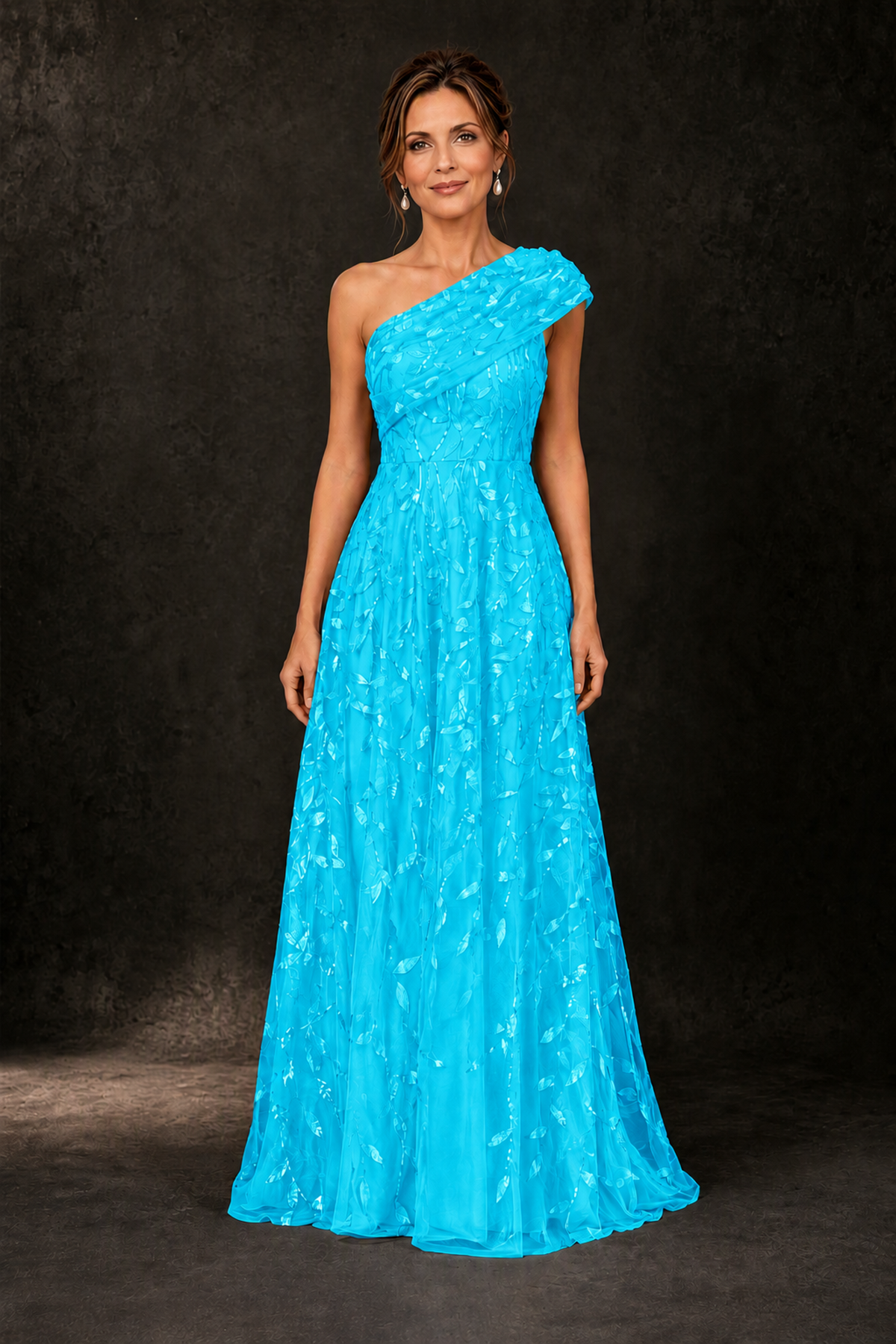 BOLODOO Blue Leaf Sequin One-Shoulder A-Line Maxi Gown – Mother of the Bride & Formal Evening Dress - Blue - Blue_1