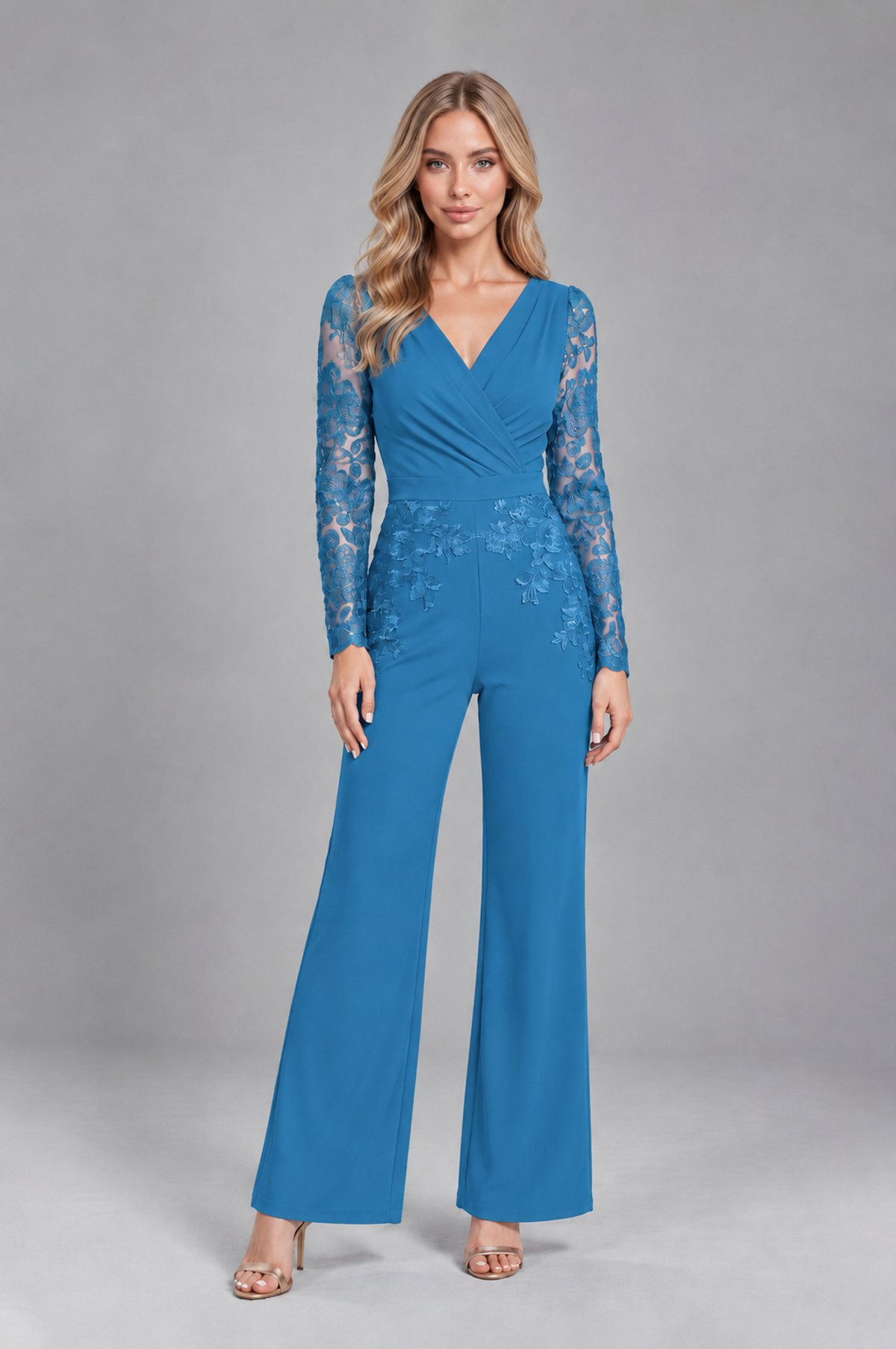 BOLODOO Blue Lace Long-Sleeve V-Neck Mother Pant Suit - Blue - Blue_1