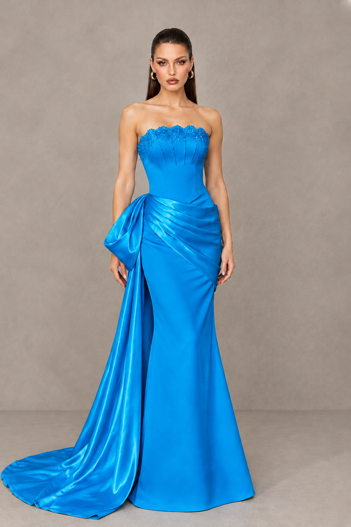 BOLODOO Blue Strapless Satin Prom Dress with Draped Side Train - Blue - Blue_1