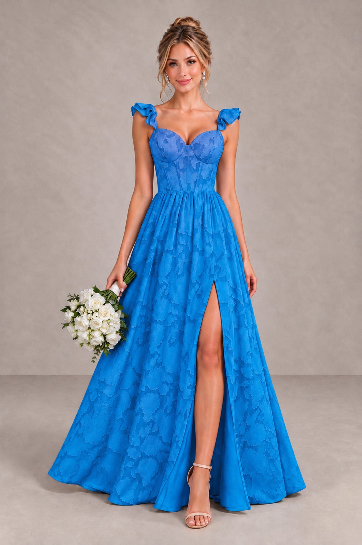 BOLODOO Blue Floral A-Line Bridesmaid Dress with Slit Ruffle Straps Maxi Gown - Blue - Blue_1