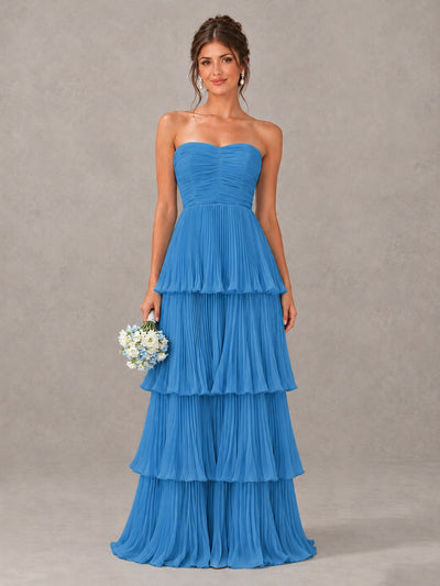 BOLODOO Blue Strapless Tiered Pleated Bridesmaid Dress - Blue - Blue_1