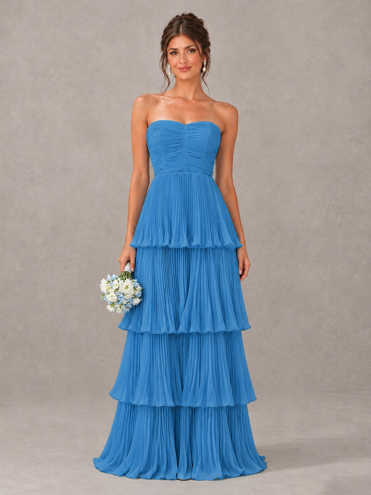 BOLODOO Blue Strapless Tiered Pleated Bridesmaid Dress - Blue - Blue_1