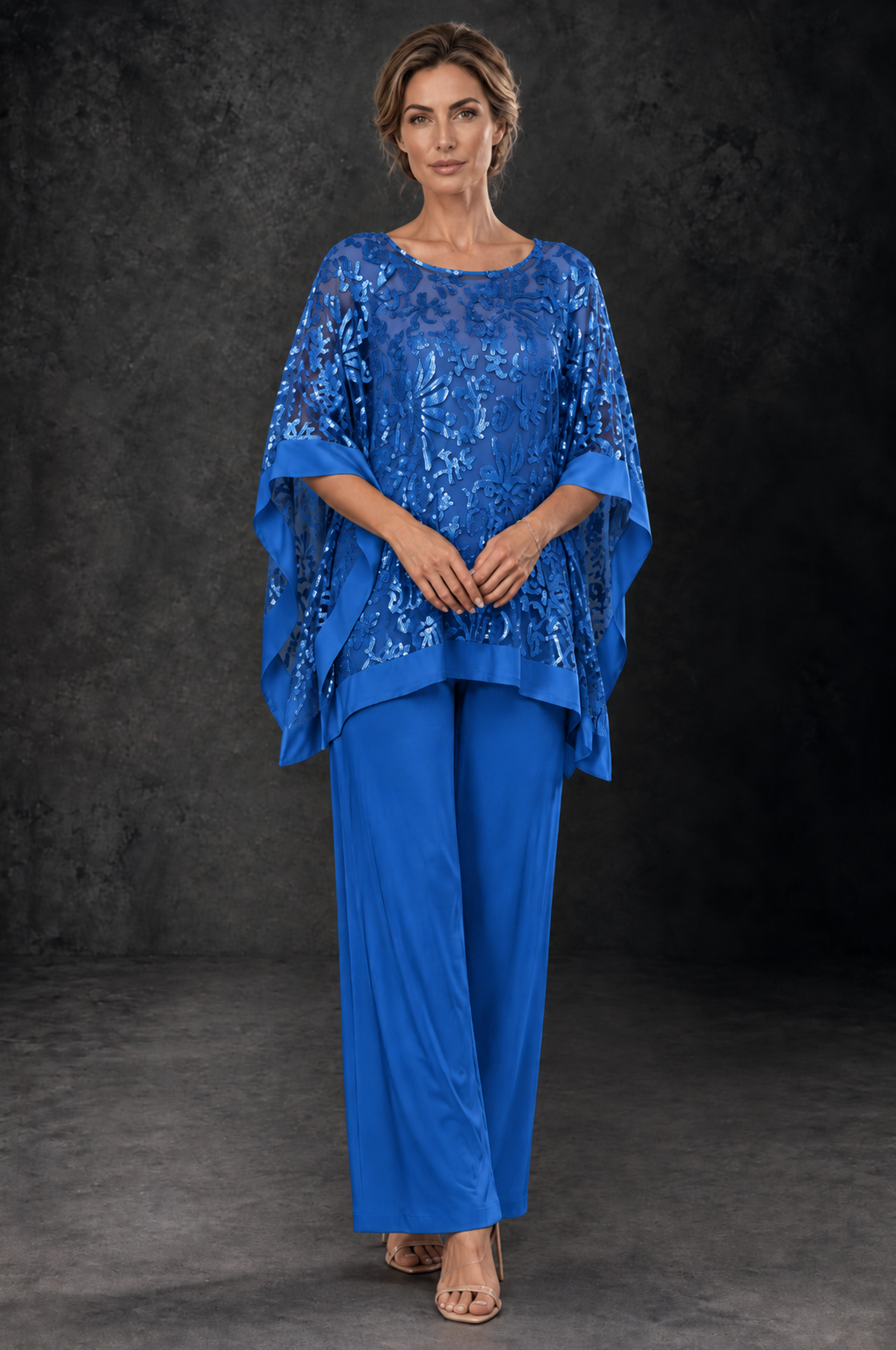 BOLODOO Blue Floral Cape Mother of the Bride Pant Suit - Blue - Blue_1