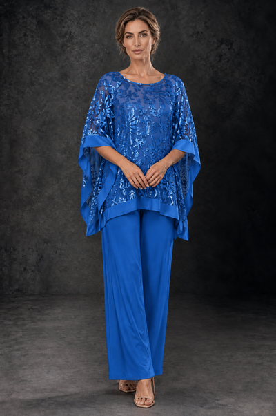 BOLODOO Blue Floral Cape Mother of the Bride Pant Suit - Blue - Blue_1