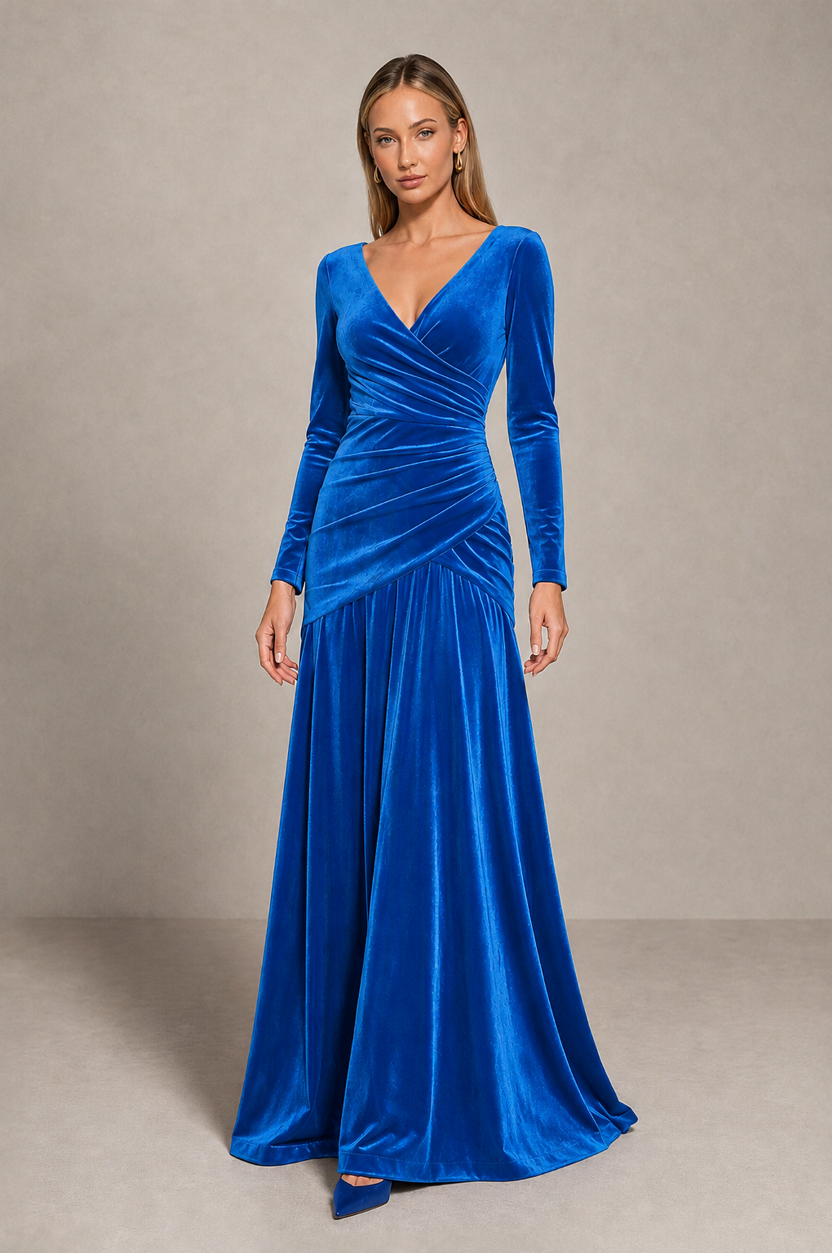 BOLODOO Blue Velvet Long Sleeve V-Neck Ruched Evening Dress - Blue - Blue_1