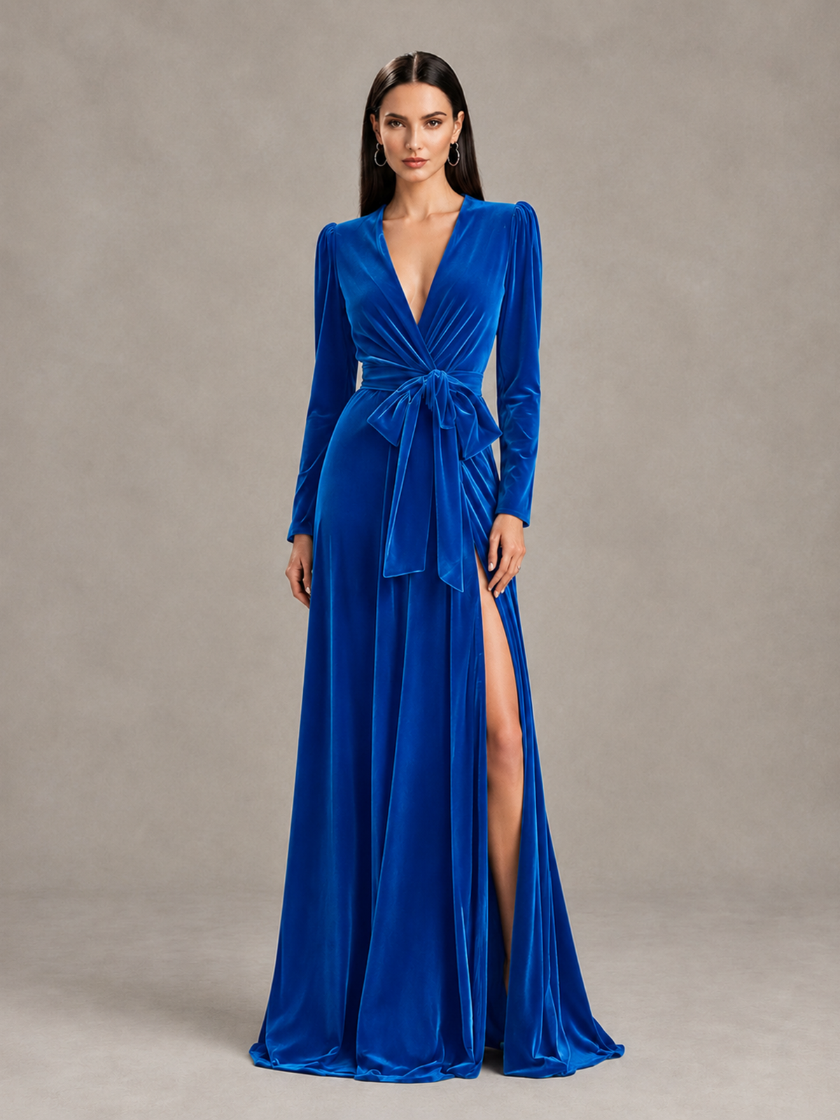 BOLODOO Blue Long Sleeve Velvet-Look Evening Dress with High Slit - Blue - Blue_1