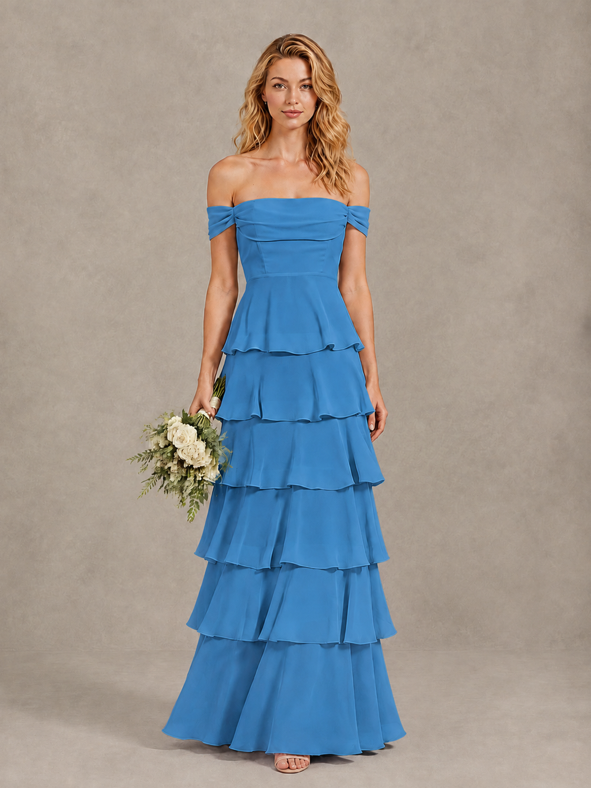 BOLODOO Blue Off-Shoulder Tiered Ruffle Bridesmaid Dress with Lace-Up Back - Blue - Blue_1