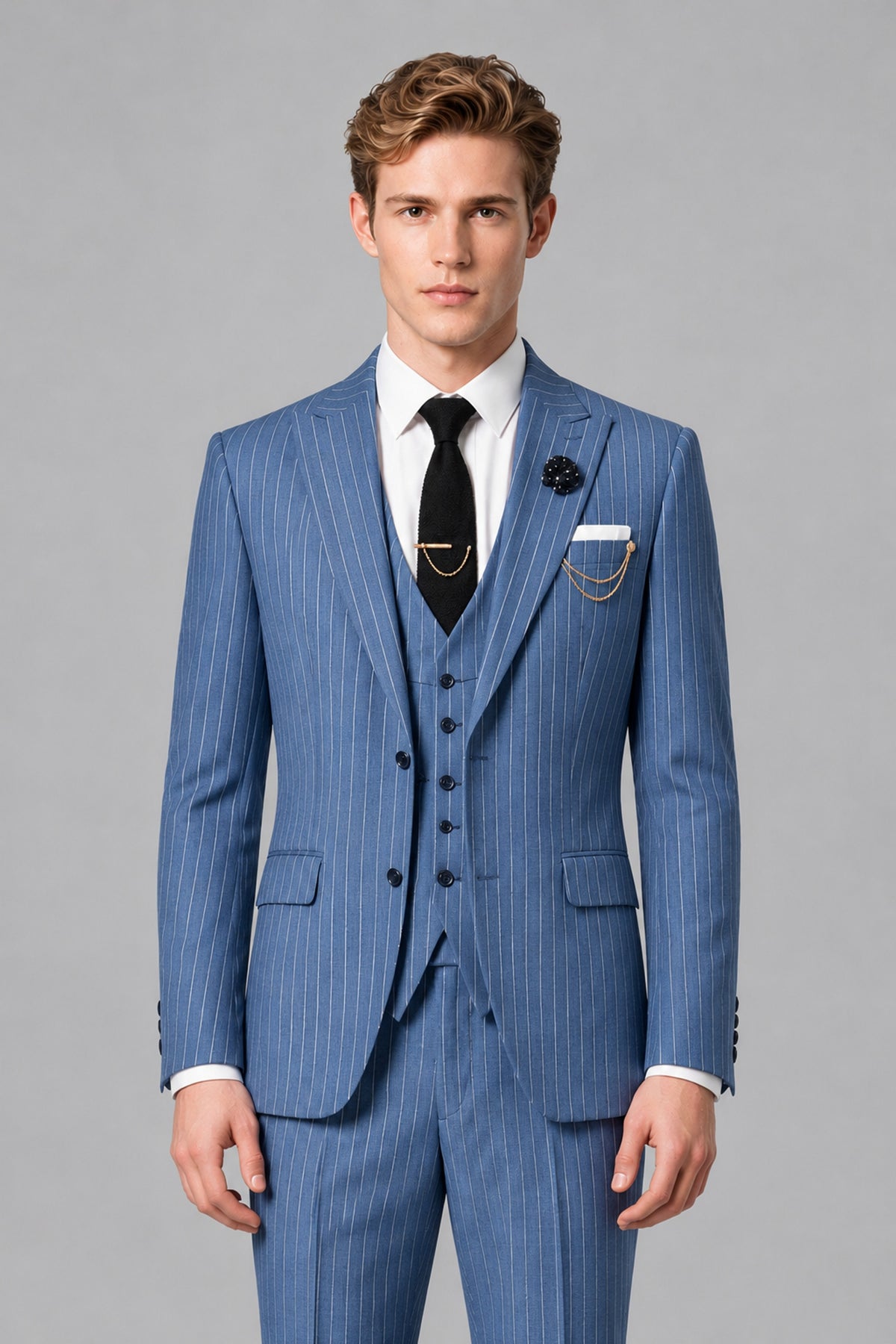 Bolodoo Men's Blue Pinstripe 3-Piece Suit – Jacket, Vest & Trousers - Blue - Blue_1