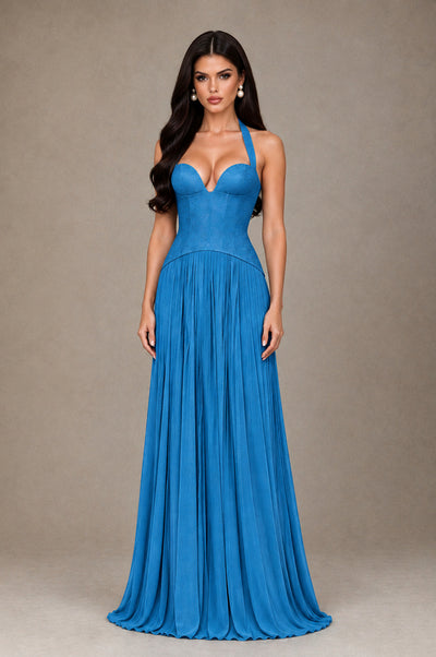 BOLODOO Blue Halter Corset Pleated A-Line Evening Dress - Blue - Blue_1