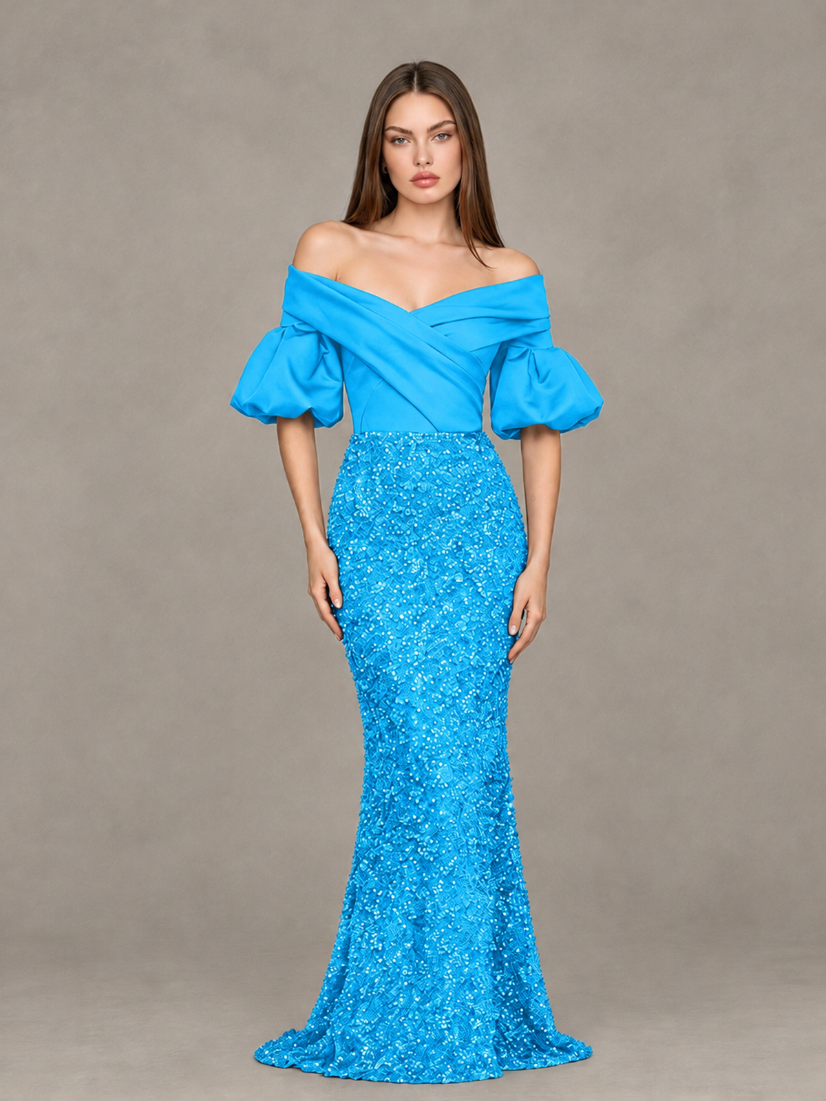 BOLODOO Blue Off-Shoulder Puff Sleeve Sequin Mermaid Evening Dress - Blue - Blue_1