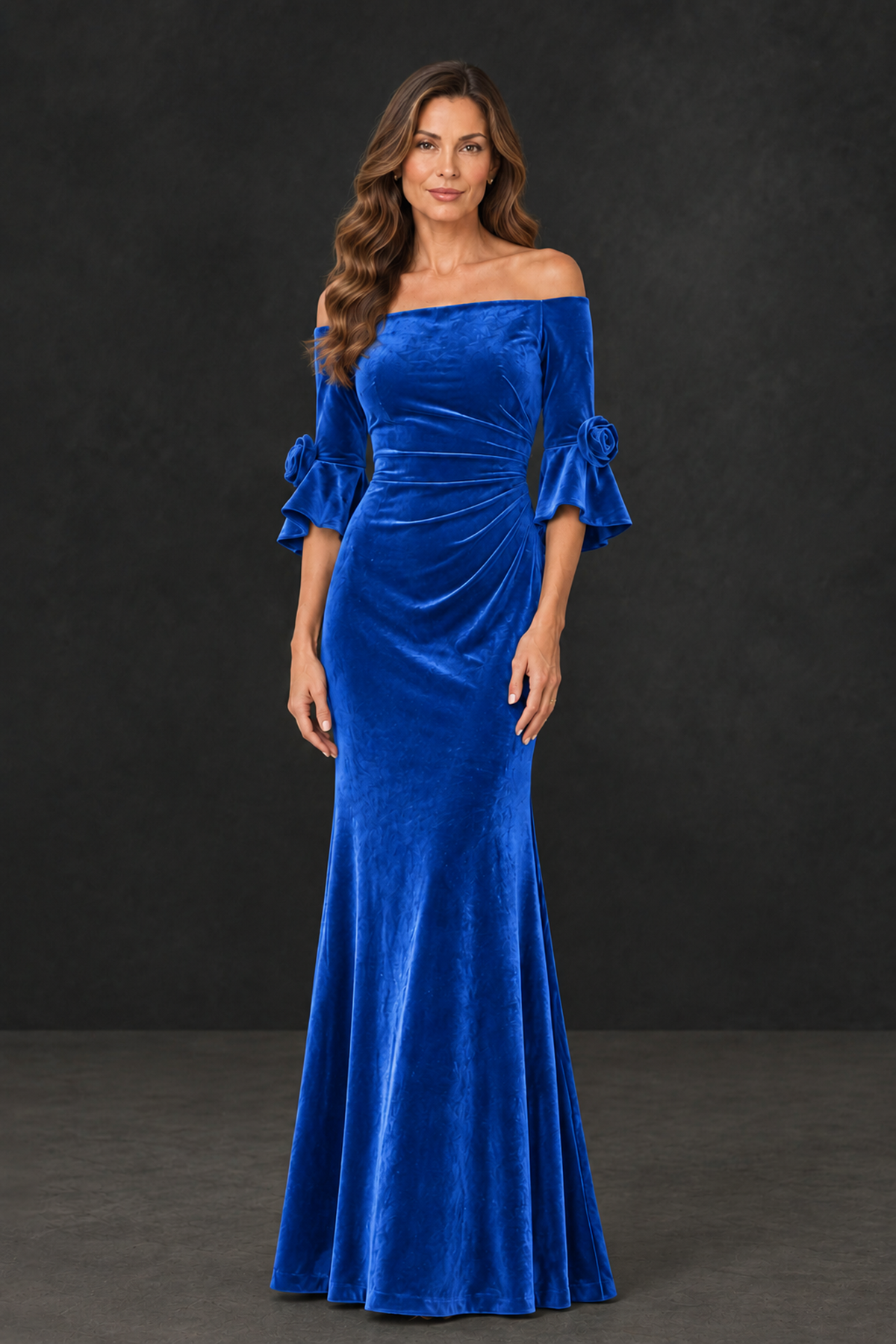 BOLODOO Blue Velvet Mother of the Bride Dress with Rosette Sleeves - Blue - Blue_1