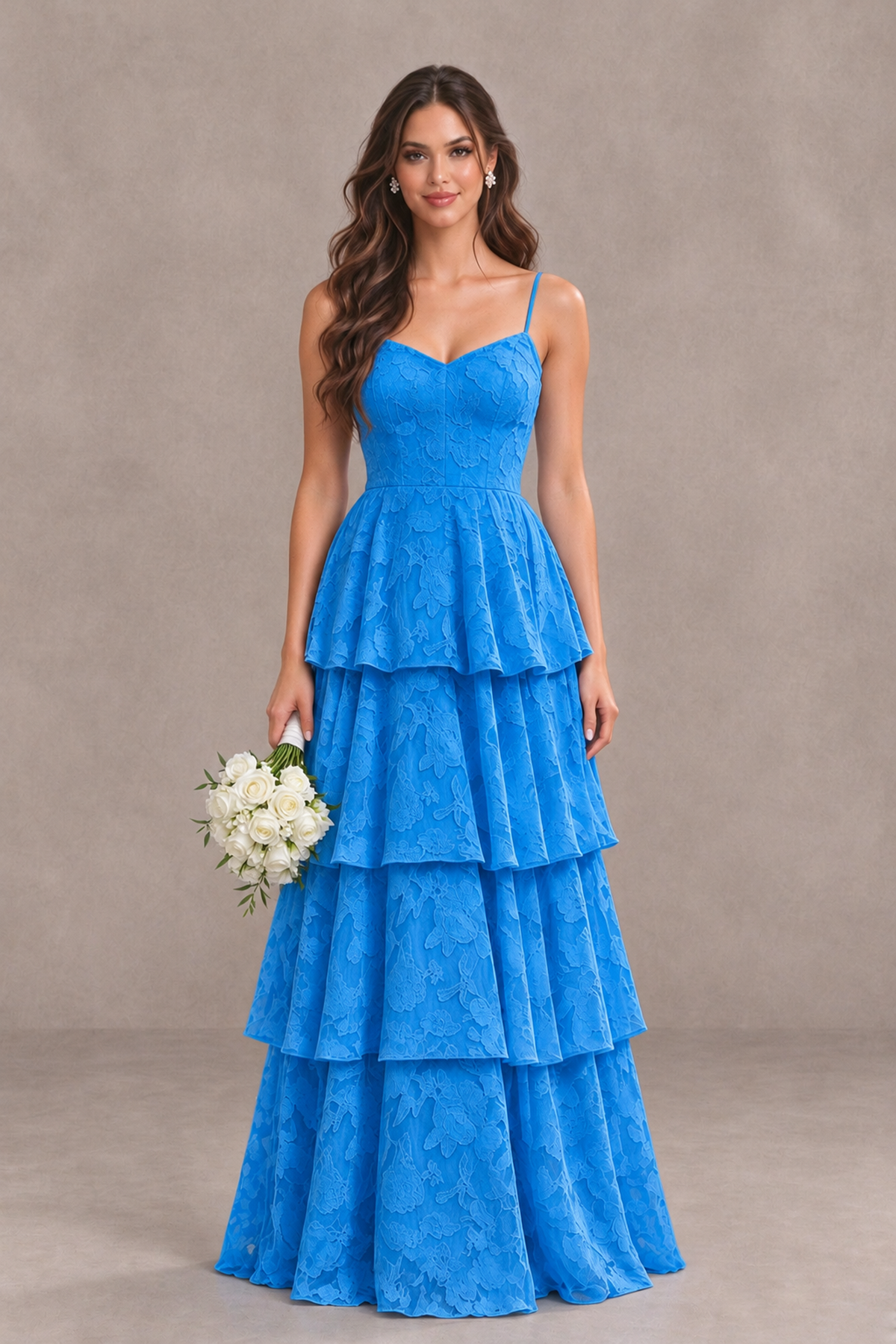 BOLODOO Blue Tiered Floral-Textured Spaghetti Strap Maxi Dress - Blue - Blue_1