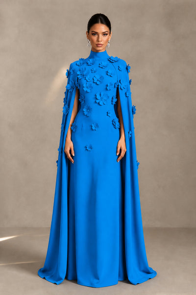 BOLODOO Blue 3D Floral Applique Cape Formal Dress - Blue - Blue_1