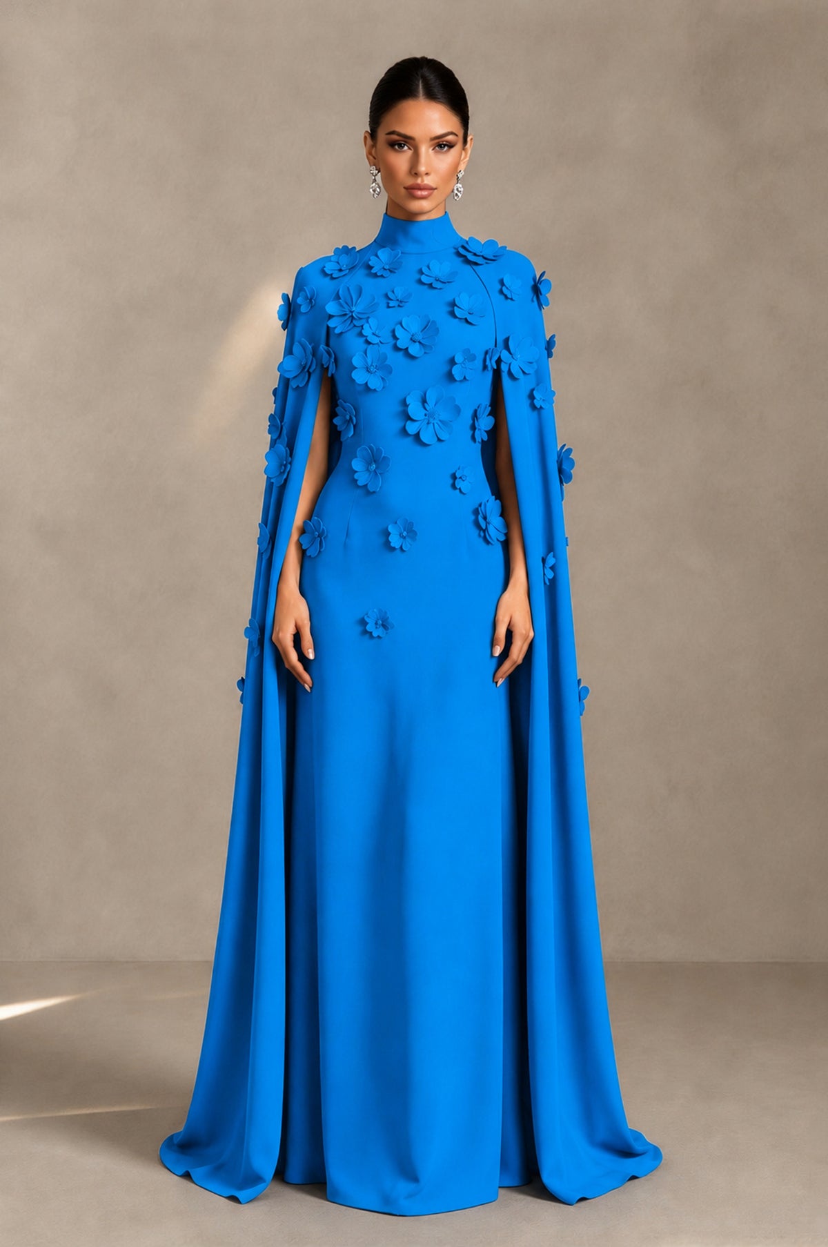 BOLODOO Blue 3D Floral Applique Cape Formal Dress - Blue - Blue_1