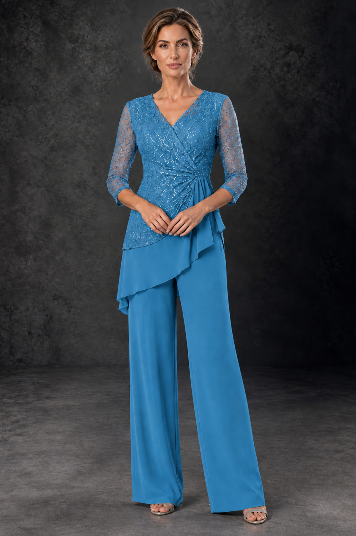 BOLODOO Blue Sequin Lace 3/4 Sleeve Chiffon Mother of the Bride Pant Suit - Blue - Blue_1