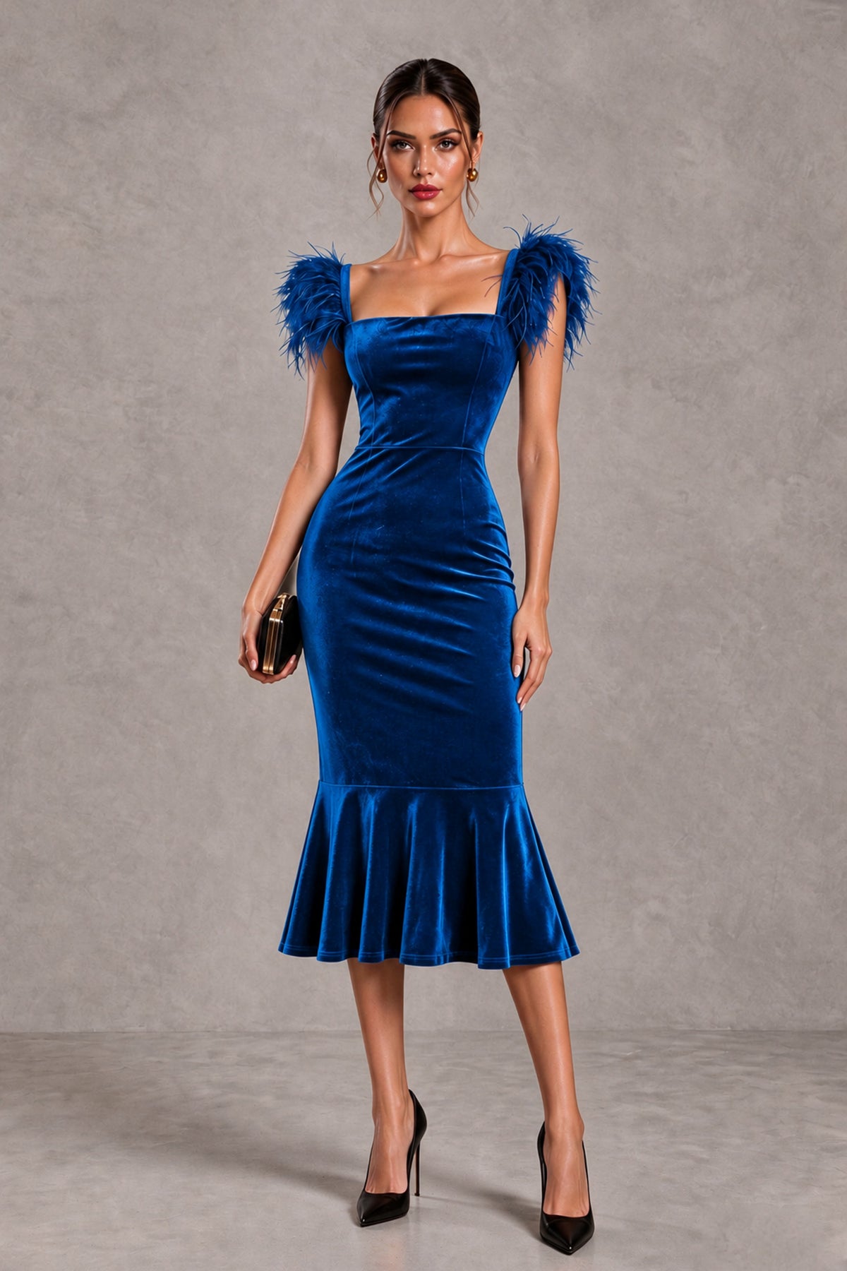 BOLODOO Blue Feather-Trim Velvet-Look Mermaid Midi Dress - Blue - Blue_1