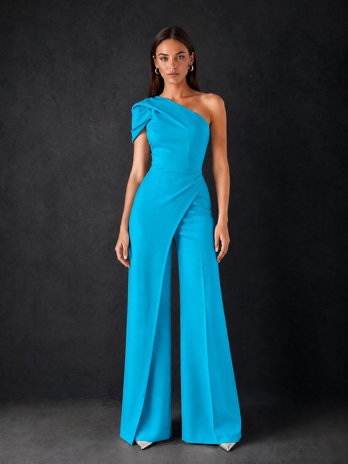 BOLODOO Blue One-Shoulder Puff Sleeve Wide-Leg Jumpsuit with Front Slit and Open Back - Blue