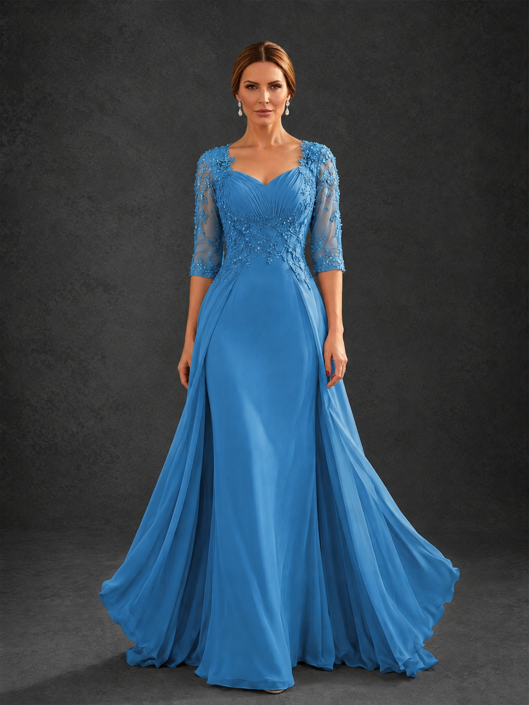 BOLODOO Blue Sweetheart Neck 3/4 Sleeve Floral Lace Illusion Bodice Chiffon A-Line Gown - Blue