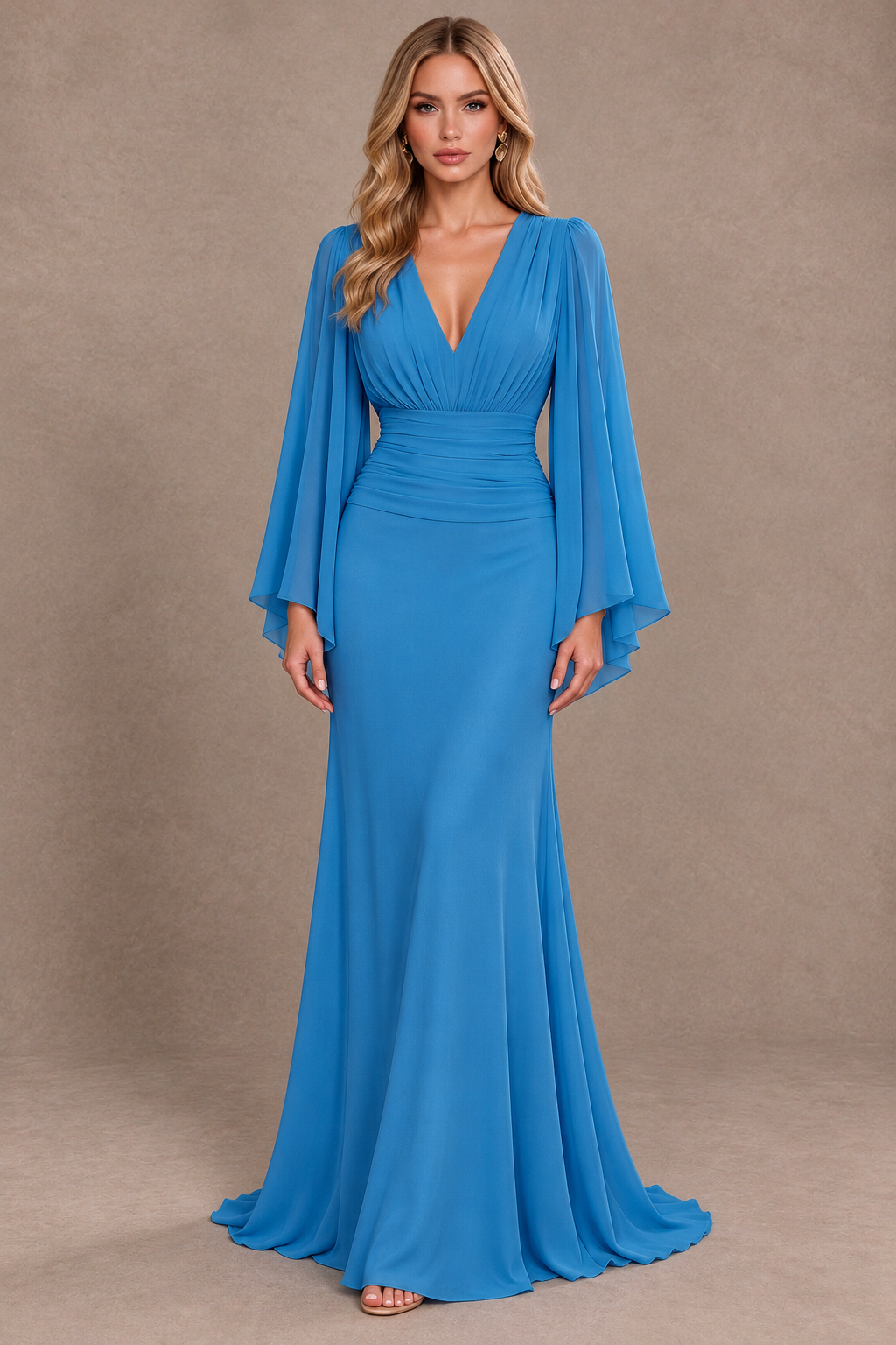BOLODOO Blue Cape Sleeve V-Neck Ruched Chiffon Evening Dress - Blue - Blue_1