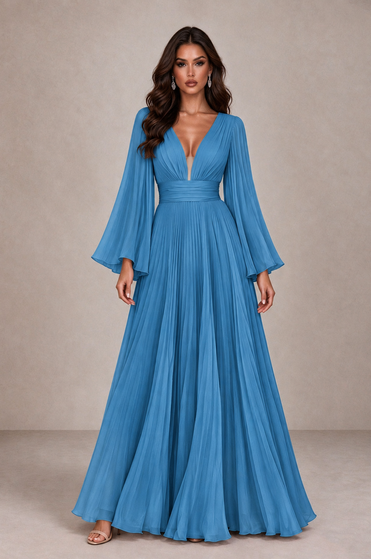 BOLODOO Blue Pleated Deep V-Neck Long Bell Sleeve Evening Dress - Blue - Blue_1