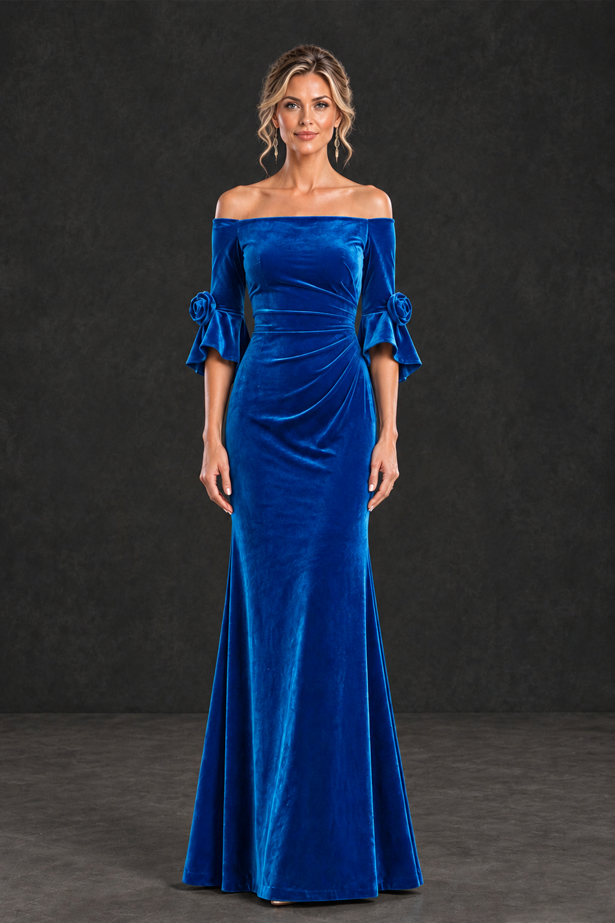 BOLODOO Blue Velvet Off-Shoulder Mother of the Bride Dress – 3/4 Floral Cuff Sleeve Mermaid Evening Gown - Blue - Blue_1