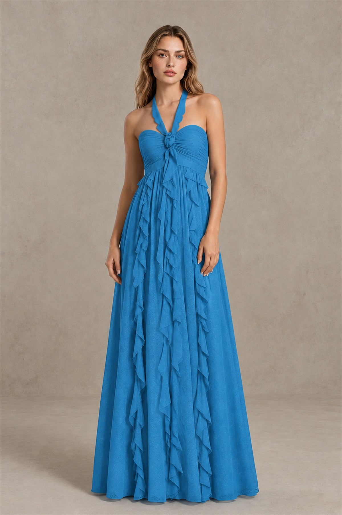 BOLODOO Blue Halter Ruffle A-Line Floor-Length Evening Dress - Blue - Blue_1