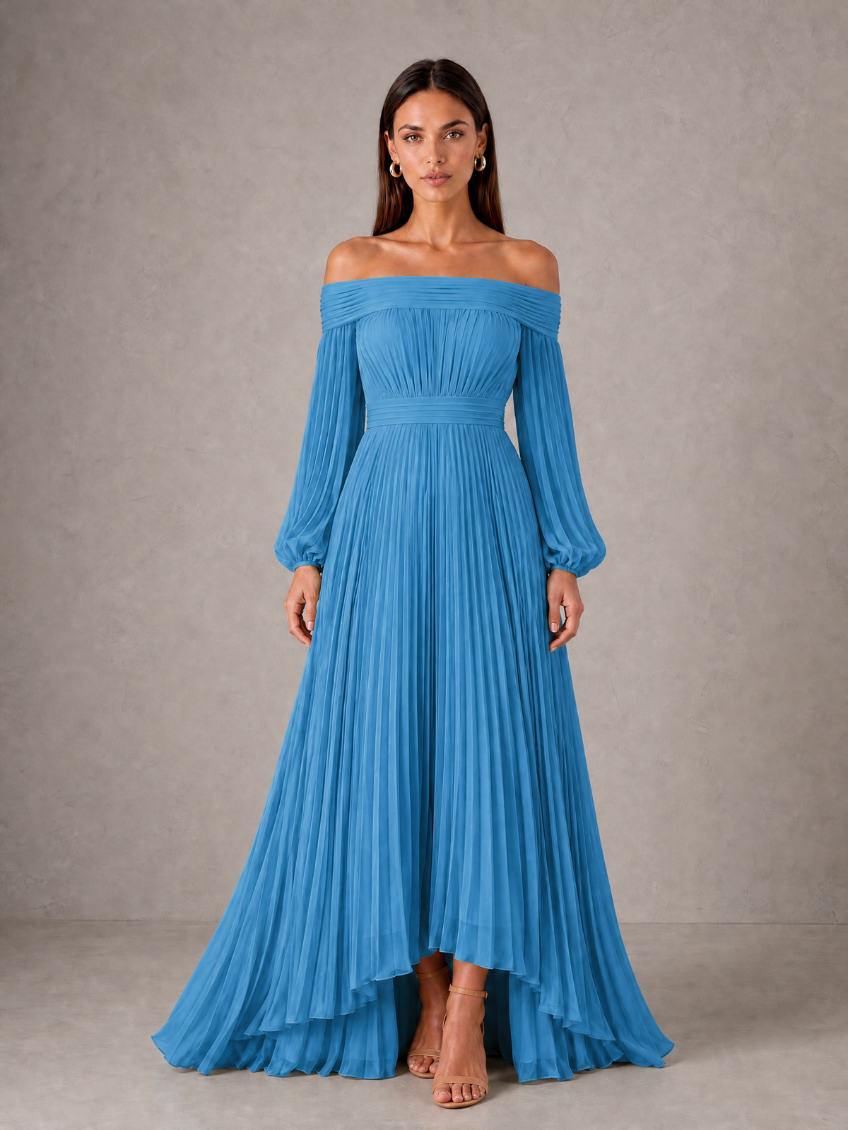 BOLODOO Blue Off-Shoulder Long Sleeve Pleated High-Low Dress - Blue - Blue_1