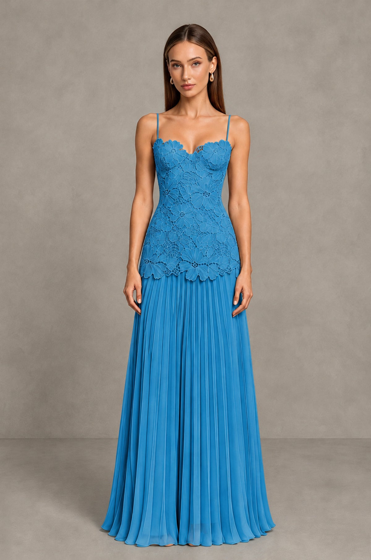 BOLODOO Blue Lace Bodice Pleated Wedding Guest Dress - Blue - Blue_1