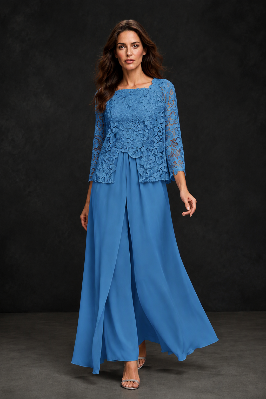 BOLODOO Blue Grey Lace Peplum Top & Wide-Leg Chiffon Pants Set | Mother of the Bride & Formal Evening Outfit - Blue
