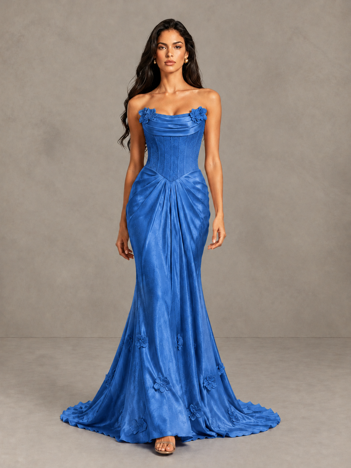 BOLODOO Blue Strapless Floral Corset Evening Gown with Train - Blue - Blue_1