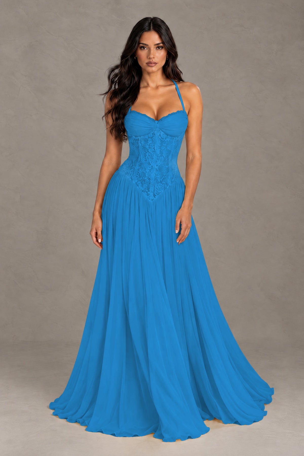 BOLODOO Blue Lace Corset Halter Maxi Gown – Backless A-Line Formal Dress - Blue - Blue(1)