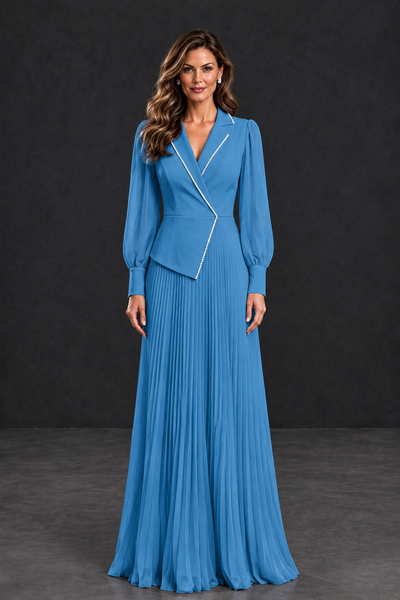 BOLODOO Blue Long Sleeve Pleated Mother of the Bride Dress - Blue - Blue_1