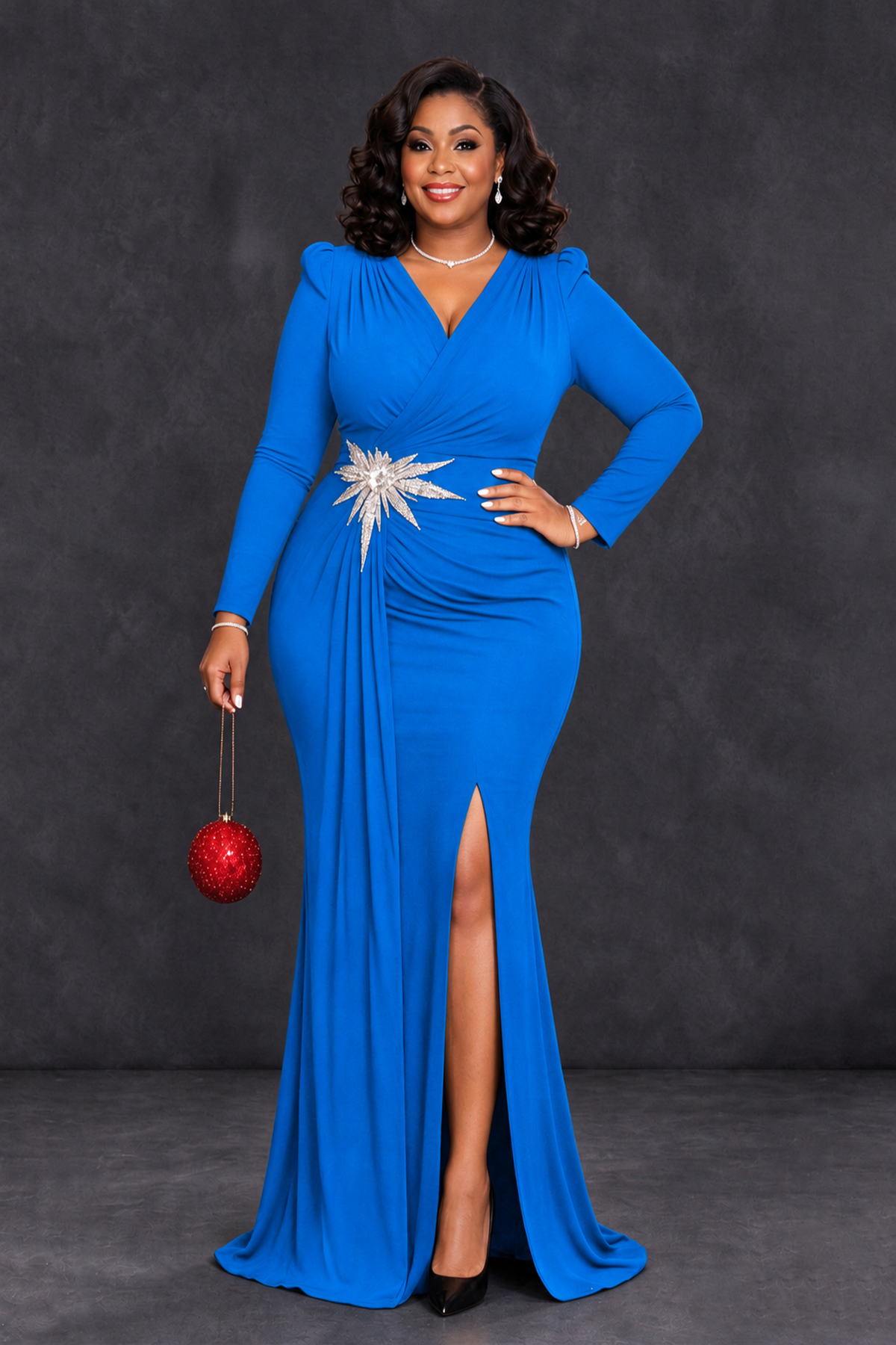 BOLODOO Blue Plus Size Long Sleeve V-Neck Mother of the Bride Dress with Slit - Blue - Blue_1